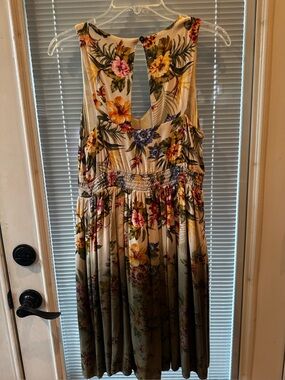Mystree Cream Backless Floral Midi Dress with Yellow & Pink Blooms